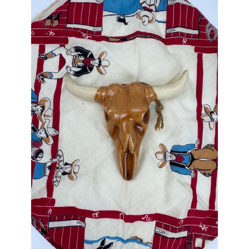 Vintage Ceramic Bull Skull Wall Hanging Brown Glaze Southwestern Ornament